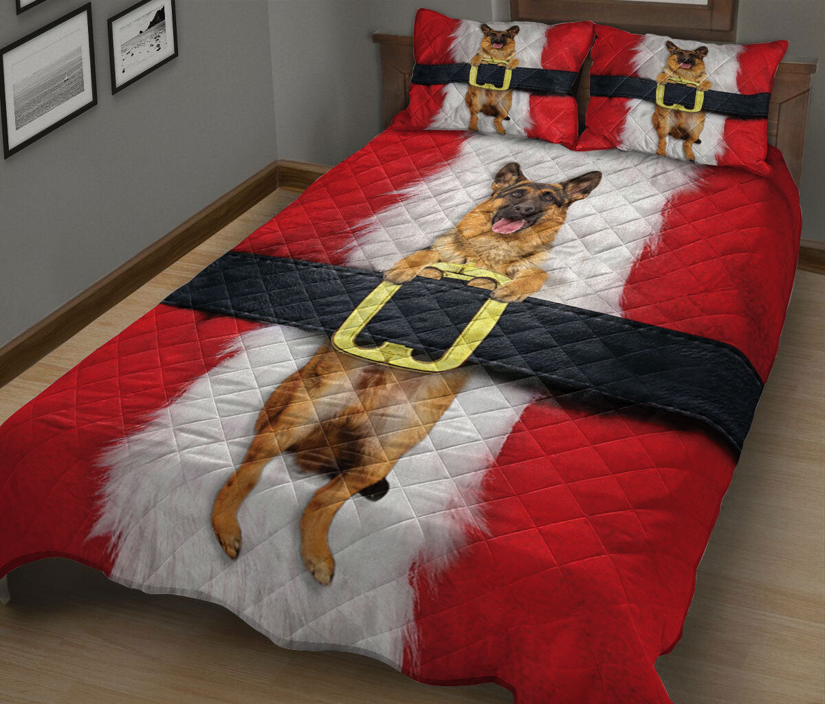 German Shepherd Quilt Set, German Shepherd With Santa Cla Us Quilt Blanket With Pillowcases, Quilt Bedding Set