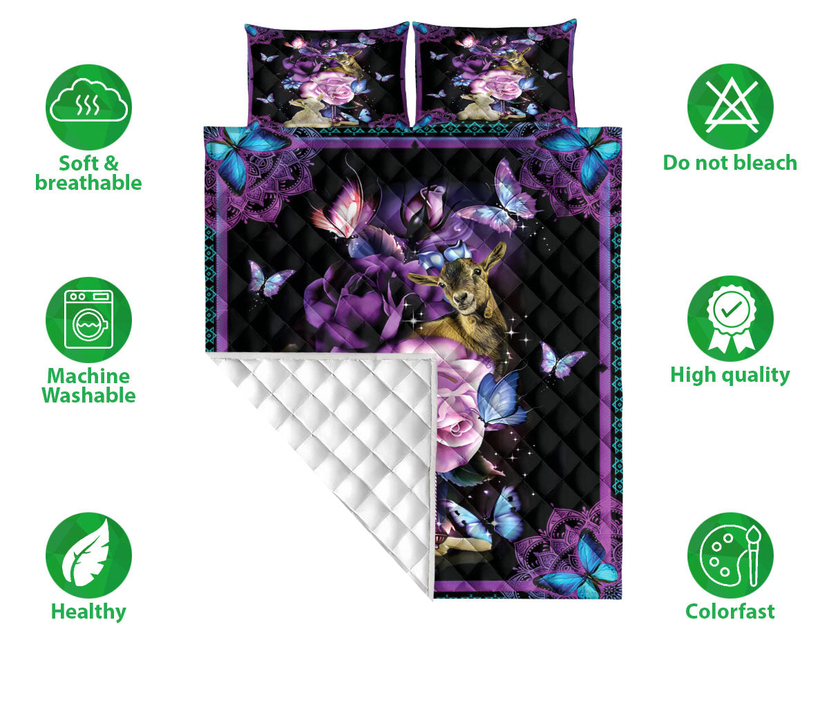 Goat Quilt Set, Goat And Butterfly With Purple Flower Quilt Blanket With Pillowcases, Quilt Bedding Set