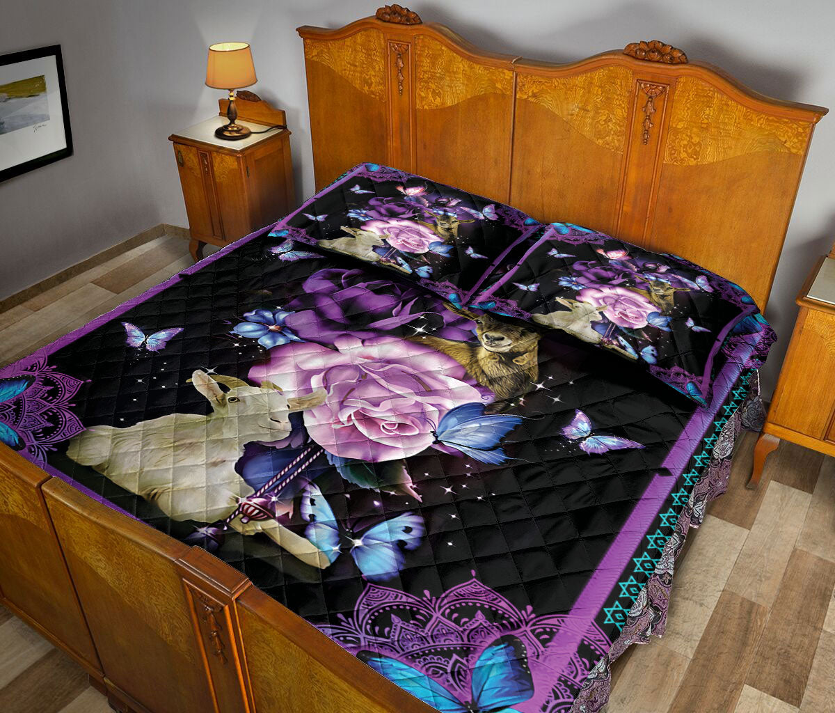 Goat Quilt Set, Goat And Butterfly With Purple Flower Quilt Blanket With Pillowcases, Quilt Bedding Set