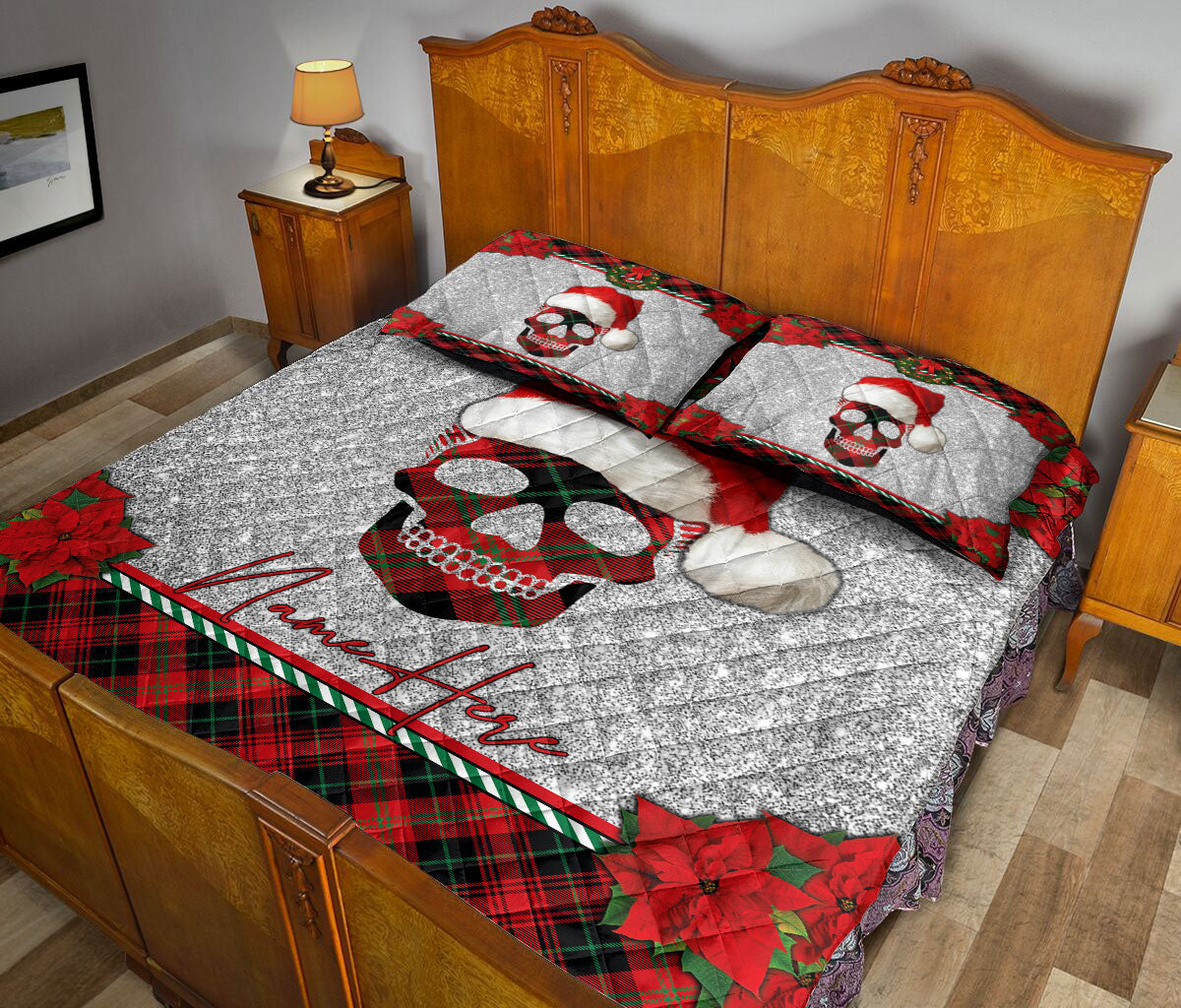 Personalized Skull Quilt Set, Skull With Santa Hat Red Plaid Quilt Blanket With Pillowcases, Custom Name Quilt Bedding Set, Christmas Gift