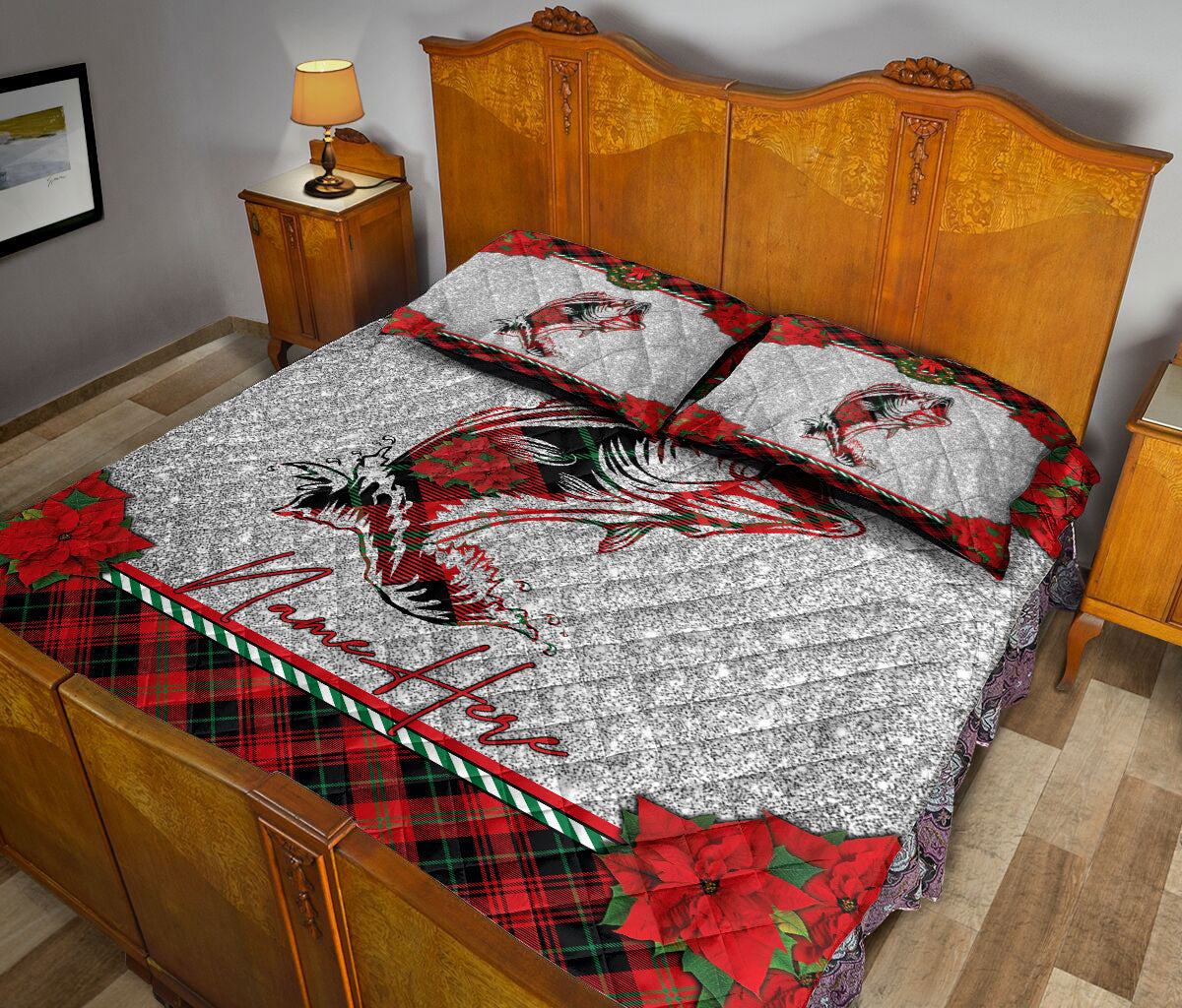 Personalized Fishing Quilt Set, Christmas Red Plaid Fishing Santa Hat Xmas Holiday Quilt Blanket With Pillowcases, Quilt Bedding Set