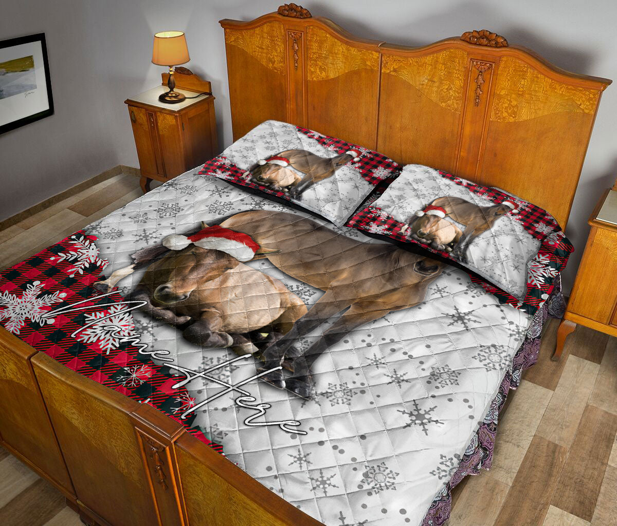 Personalized Horse Quilt Set, Christmas Red Plaid Horse Snowflakes Quilt Blanket With Pillowcases, Custom Name Quilt Bedding Set, Christmas Gift