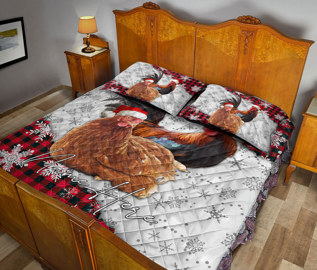 Personalized Chicken Quilt Set, Christmas Red Plaid Chicken Snowflakes Quilt Blanket With Pillowcases, Custom Name Quilt Bedding Set, Christmas Gift