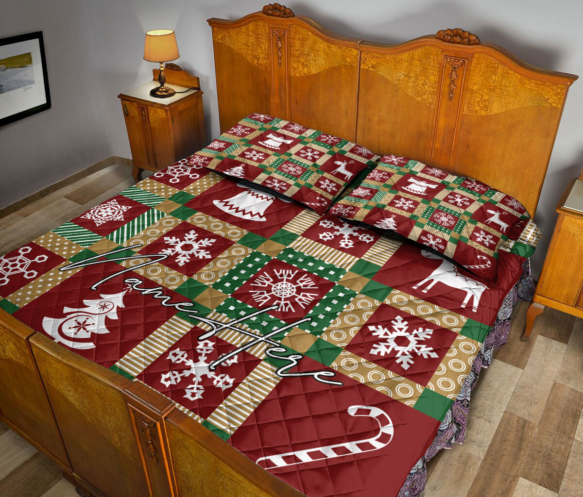 Personalized Christmas Quilt Set, Christmas Patchwork Snowflake Xmas Quilt Blanket With Pillowcases, Custom Name Quilt Bedding Set, Christmas Gift