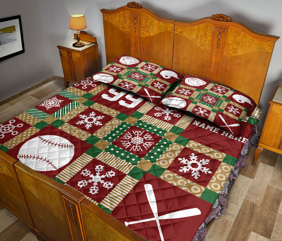 Personalized Softball Quilt Set, Christmas Patchwork Softball Xmas Quilt Blanket With Pillowcases, Quilt Bedding Set