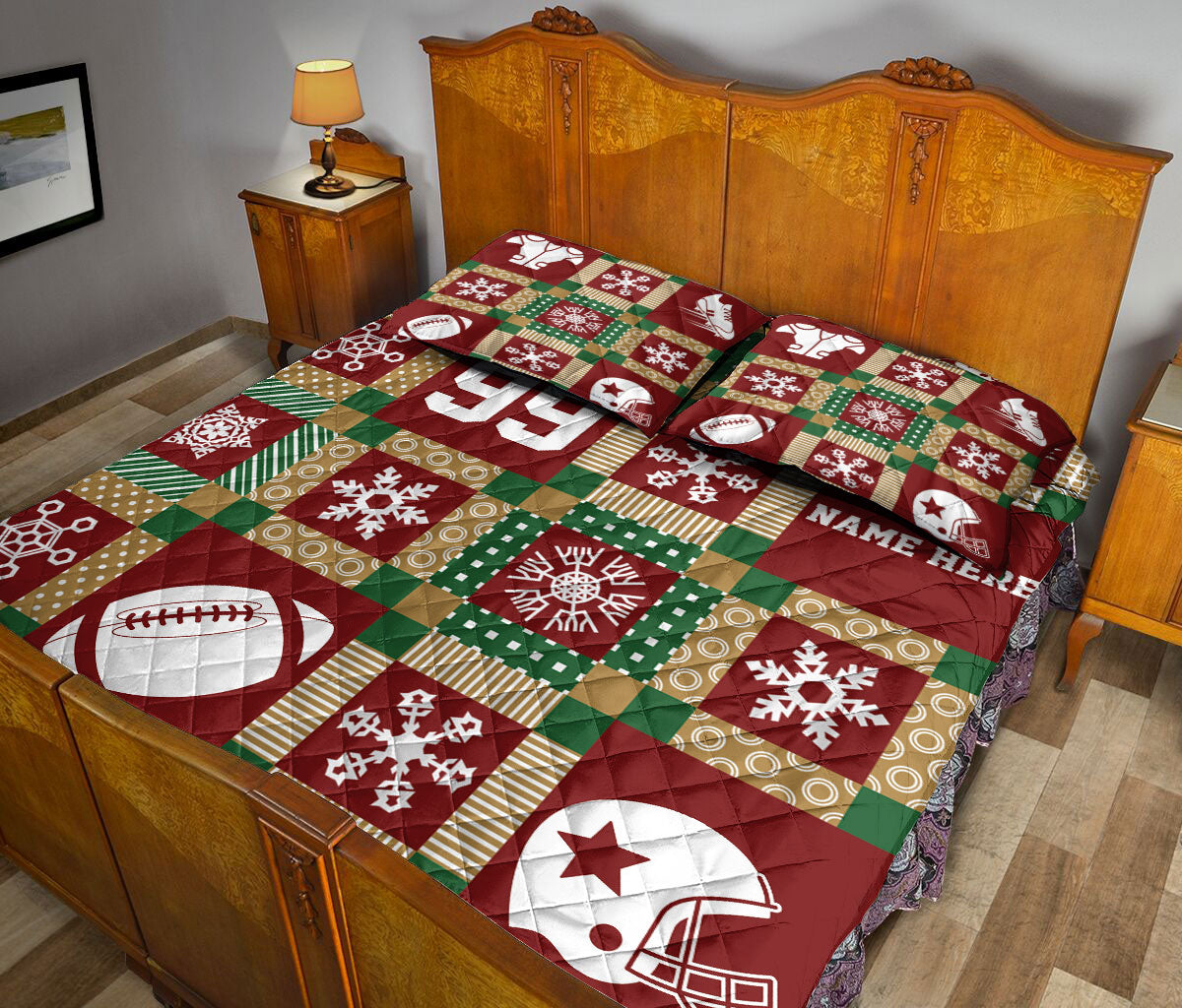 Personalized Football Quilt Set, Christmas Patchwork Football Xmas Quilt Blanket With Pillowcases, Quilt Bedding Set