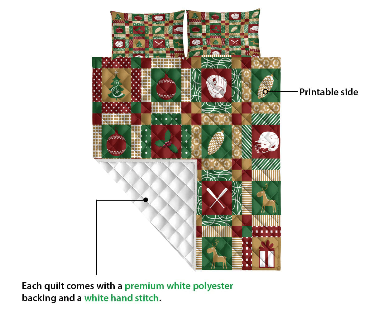 Baseball Quilt Set, Christmas Baseball Patchwork Xmas Winter Holiday Quilt Blanket With Pillowcases, Quilt Bedding Set, Christmas Gift, Sports Gifts