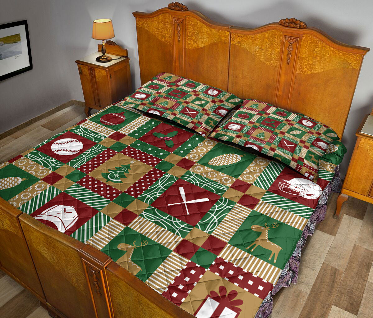 Baseball Quilt Set, Christmas Baseball Patchwork Xmas Winter Holiday Quilt Blanket With Pillowcases, Quilt Bedding Set, Christmas Gift, Sports Gifts