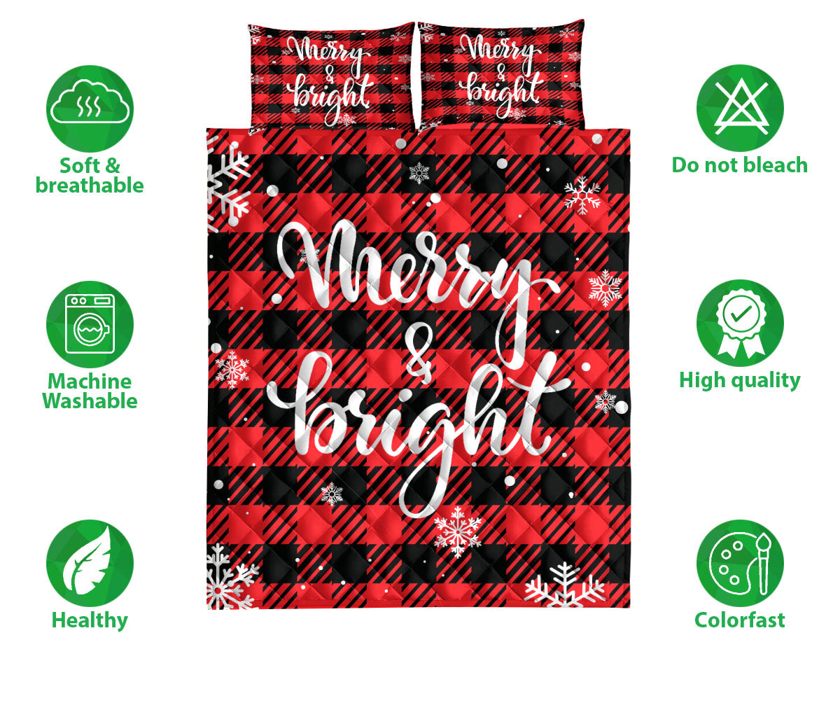 Christmas Quilt Set, Merry & Bright Snowflake Red Buffalo Plaid Checkmas Quilt Blanket With Pillowcases, Quilt Bedding Set, Christmas Gift