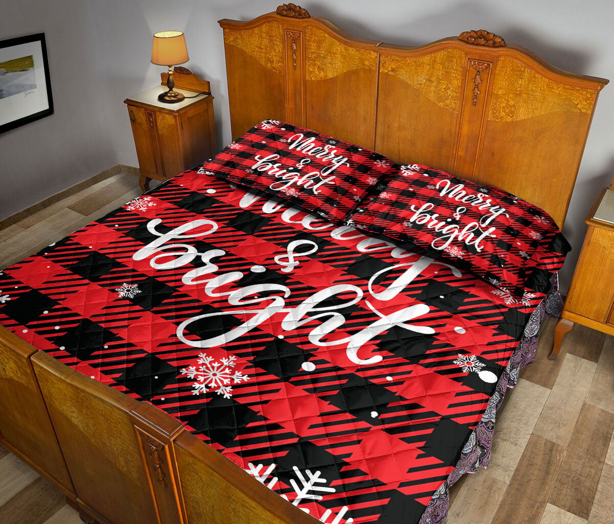 Christmas Quilt Set, Merry & Bright Snowflake Red Buffalo Plaid Checkmas Quilt Blanket With Pillowcases, Quilt Bedding Set, Christmas Gift