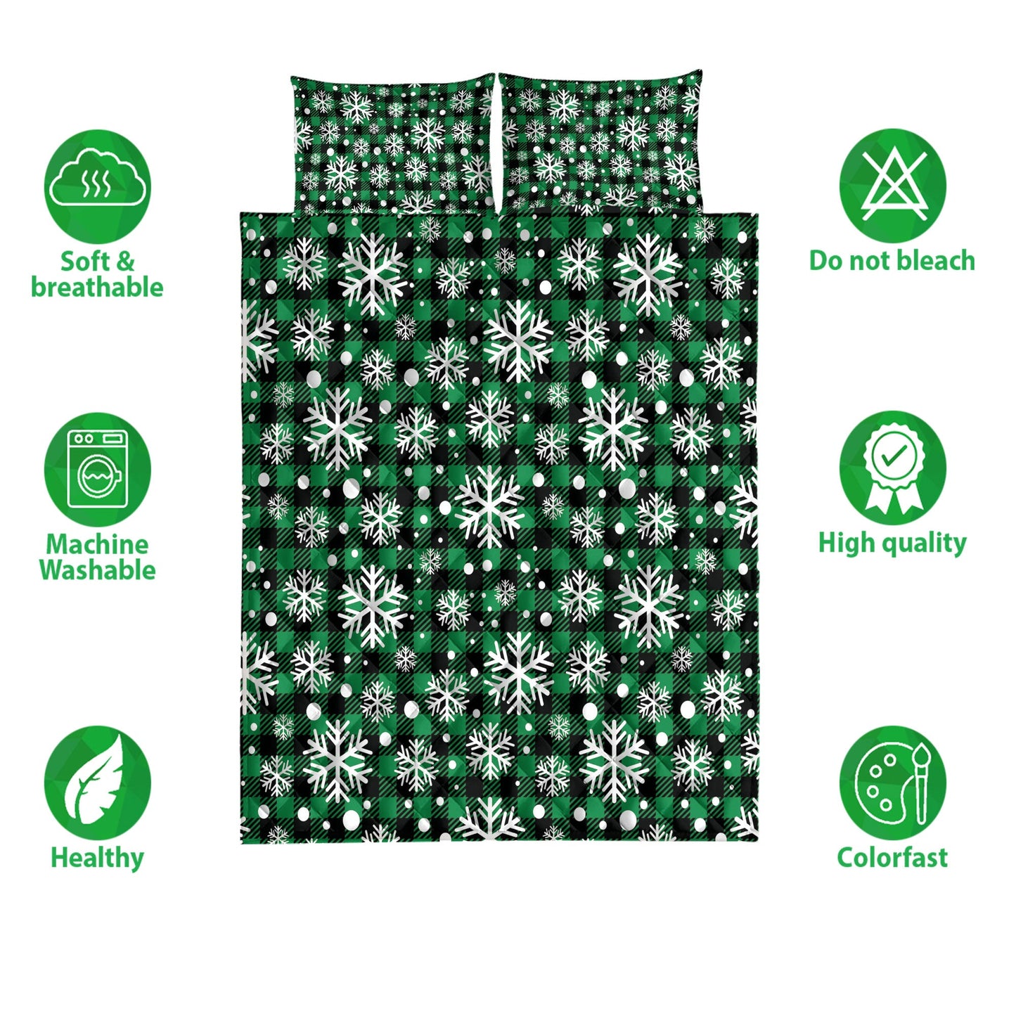 Christmas Quilt Set, Christmas Snowflake Green Grid White Buffalo Plaids Quilt Blanket With Pillowcases, Quilt Bedding Set, Christmas Gift