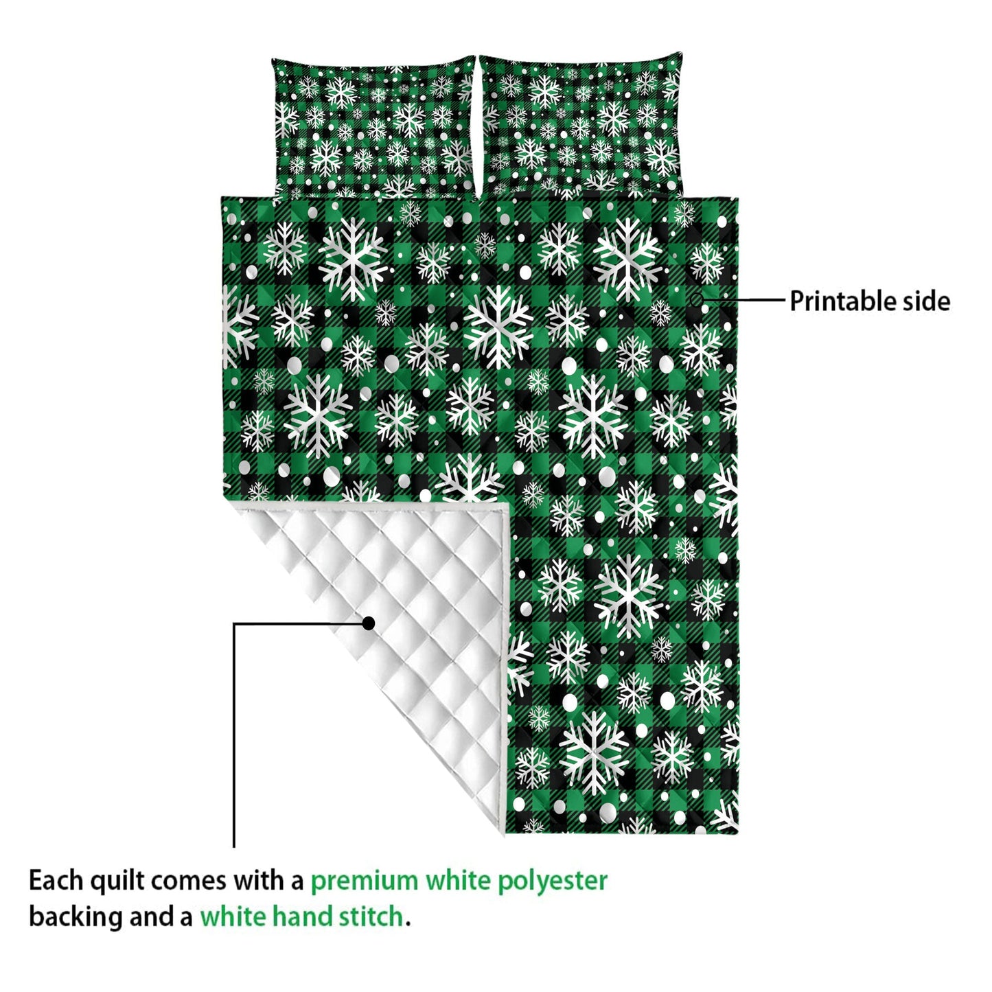 Christmas Quilt Set, Christmas Snowflake Green Grid White Buffalo Plaids Quilt Blanket With Pillowcases, Quilt Bedding Set, Christmas Gift