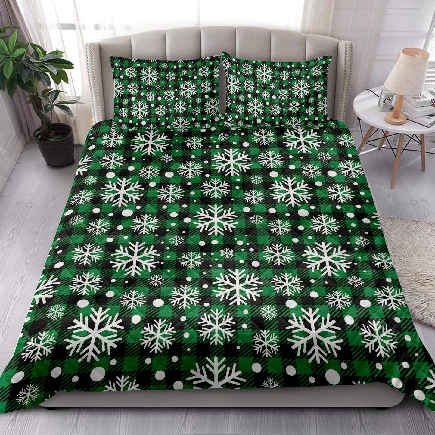 Christmas Quilt Set, Christmas Snowflake Green Grid White Buffalo Plaids Quilt Blanket With Pillowcases, Quilt Bedding Set, Christmas Gift