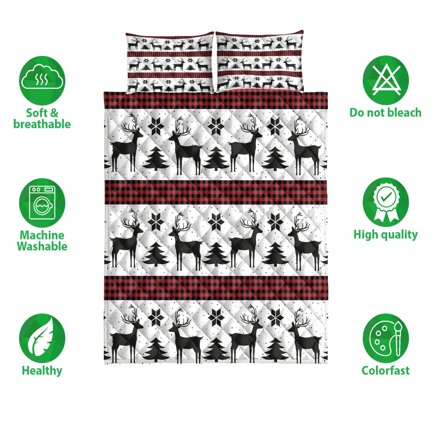 Deer Quilt Set, Deer Andmas Treemas New Year Red Buffalo Plaid Quilt Blanket With Pillowcases, Quilt Bedding Set, Christmas Gift