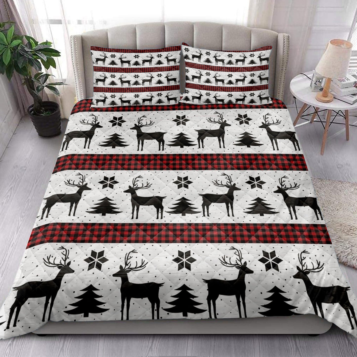 Deer Quilt Set, Deer Andmas Treemas New Year Red Buffalo Plaid Quilt Blanket With Pillowcases, Quilt Bedding Set, Christmas Gift