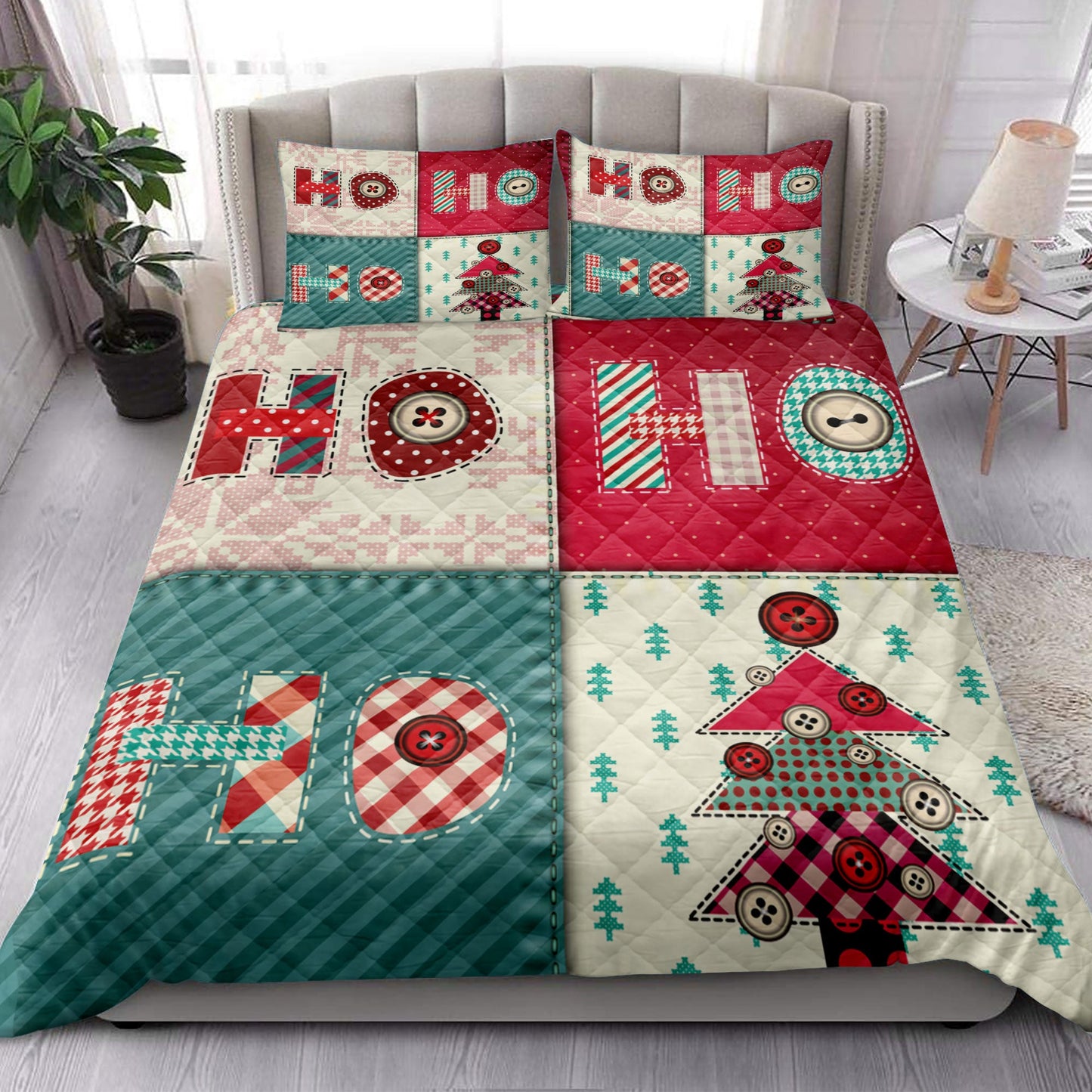 Christmas Quilt Set, Christmas Patchwork Ho-Ho-Ho Winter Holidaymass Quilt Blanket With Pillowcases, Quilt Bedding Set, Christmas Gift