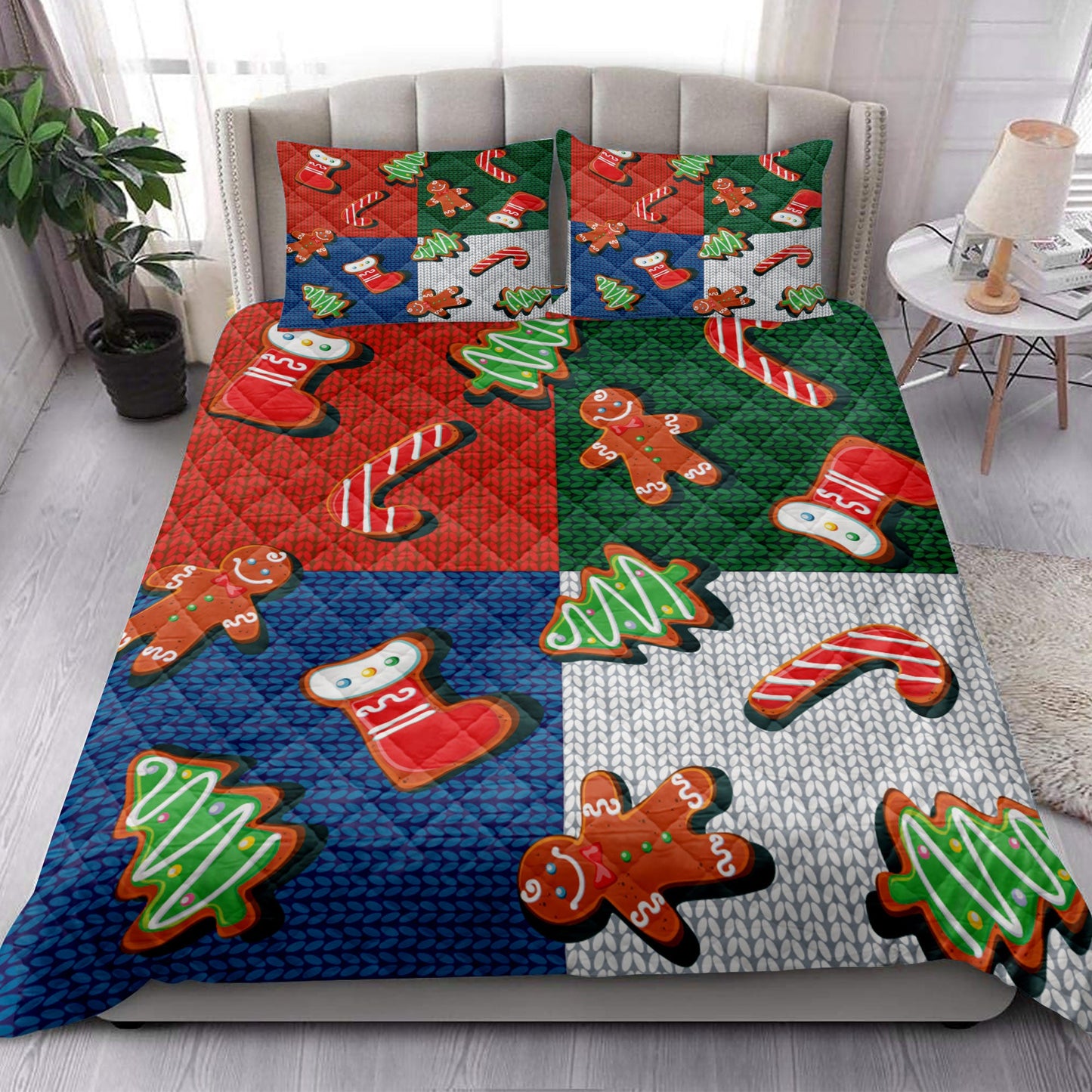 Christmas Quilt Set, Christmas Stocking Gingerbread Candymasmas Quilt Blanket With Pillowcases, Quilt Bedding Set, Christmas Gift