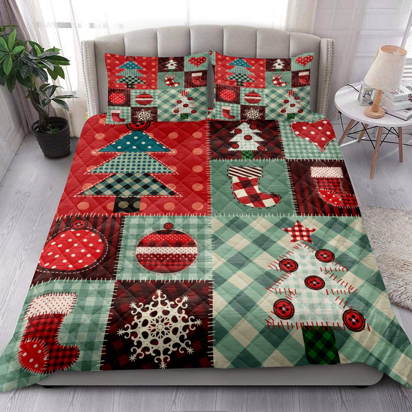 Christmas Quilt Set, Christmas Patchworkmas Tree Stockingmas Quilt Blanket With Pillowcases, Quilt Bedding Set, Christmas Gift