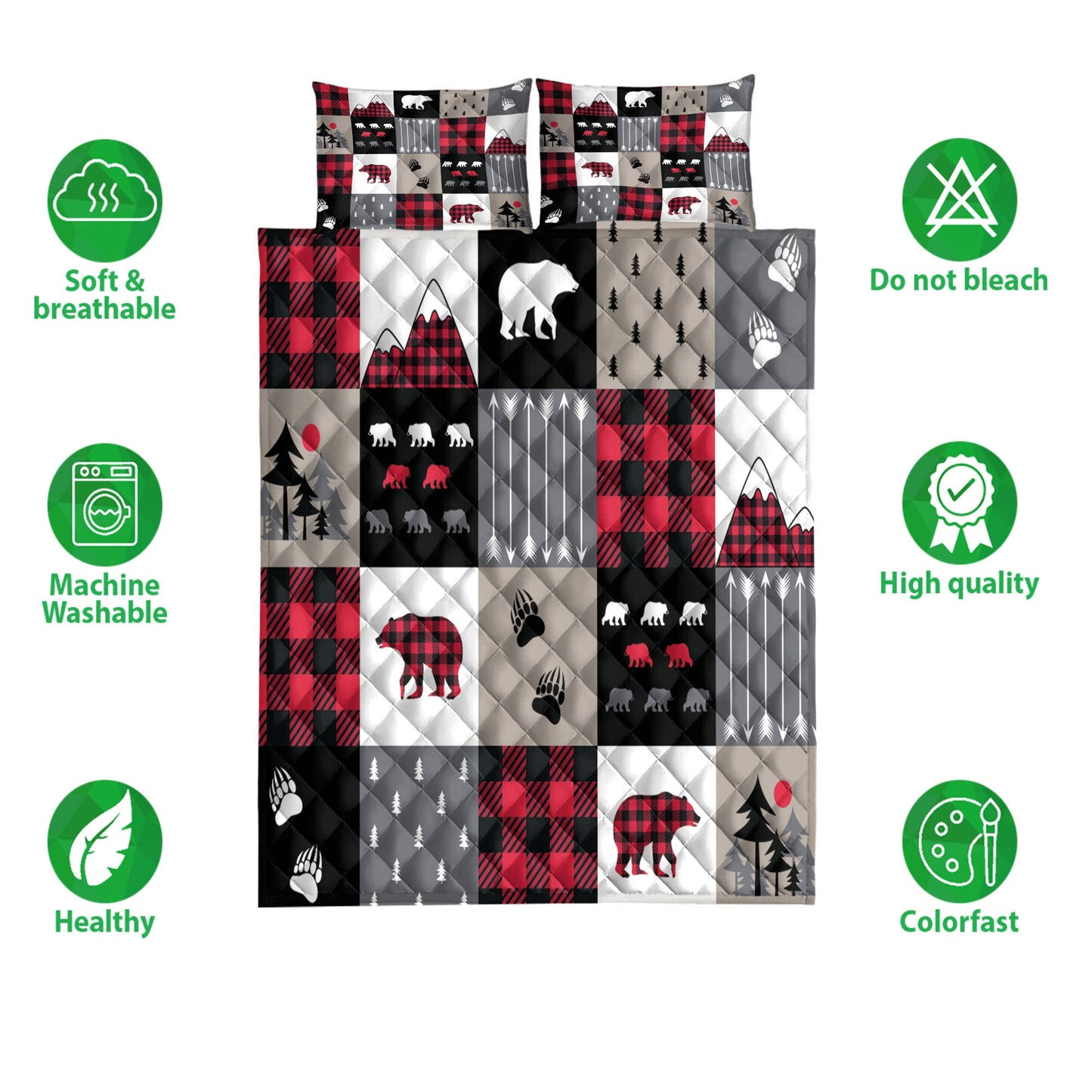 Christmas Quilt Set, Cabin Bear Country Patchwork Bears Mountains Bear Tracks Arrows Tree Quilt Blanket With Pillowcases, Quilt Bedding Set