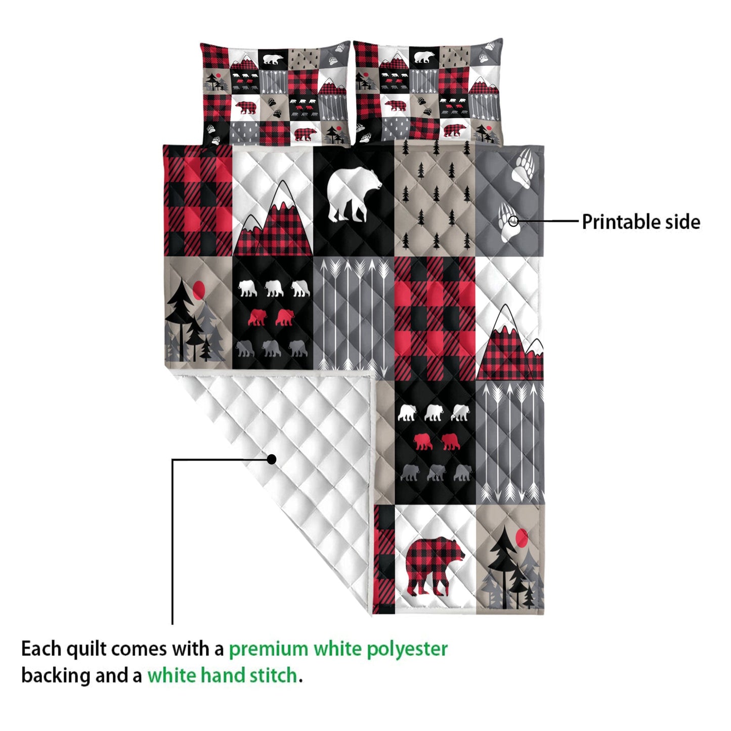 Christmas Quilt Set, Cabin Bear Country Patchwork Bears Mountains Bear Tracks Arrows Tree Quilt Blanket With Pillowcases, Quilt Bedding Set