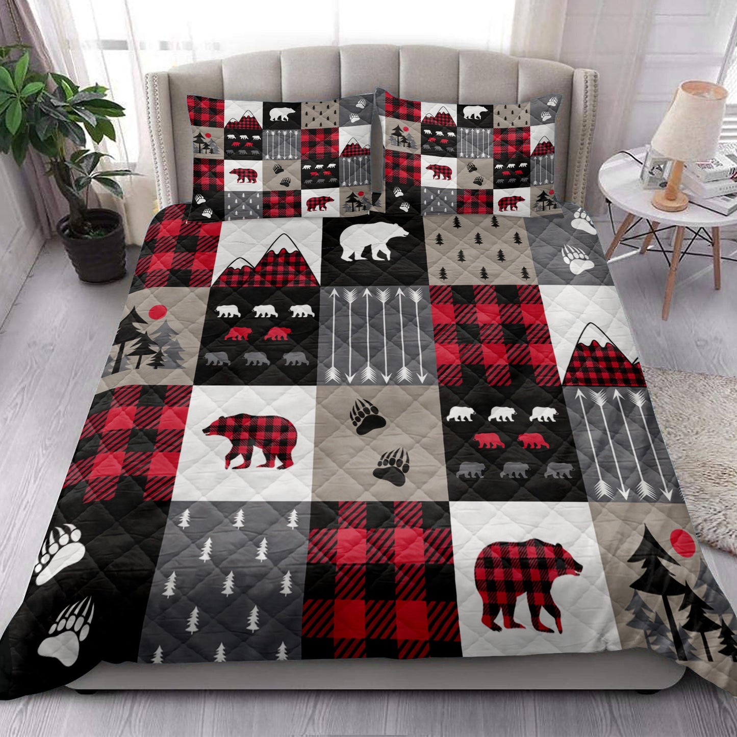 Christmas Quilt Set, Cabin Bear Country Patchwork Bears Mountains Bear Tracks Arrows Tree Quilt Blanket With Pillowcases, Quilt Bedding Set