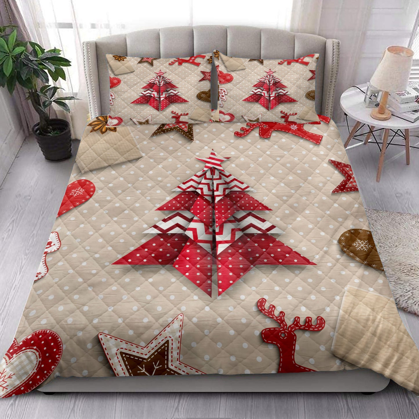 Christmas Quilt Set, Christmas Red And White Origami Tree On Polka Dotmas Quilt Blanket With Pillowcases, Quilt Bedding Set, Christmas Gift