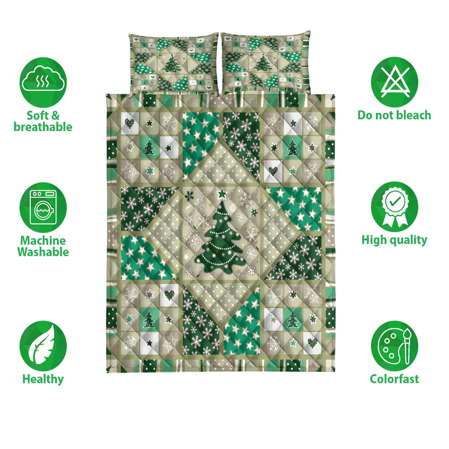 Christmas Quilt Set, Christmas Holiday Patchworkmas Tree Stars Snowflakes Heart Quilt Blanket With Pillowcases, Quilt Bedding Set, Christmas Gift