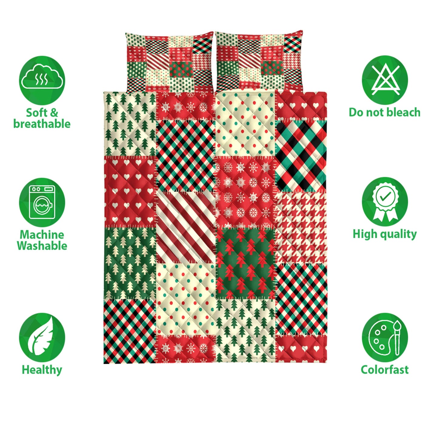 Christmas Quilt Set, Christmas Patchwork Snowflakemas Tree Buffalo Plaid Quilt Blanket With Pillowcases, Quilt Bedding Set, Christmas Gift