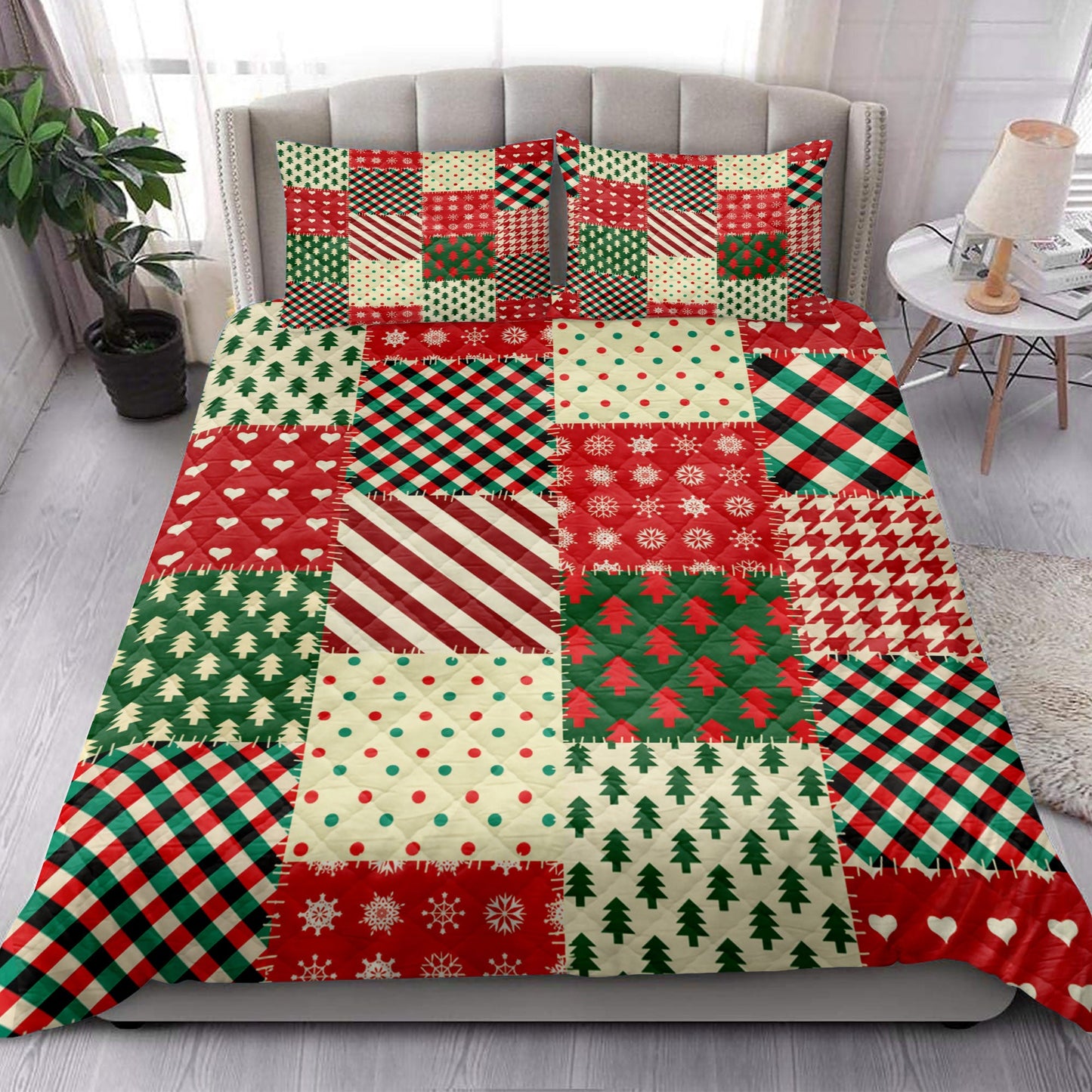 Christmas Quilt Set, Christmas Patchwork Snowflakemas Tree Buffalo Plaid Quilt Blanket With Pillowcases, Quilt Bedding Set, Christmas Gift