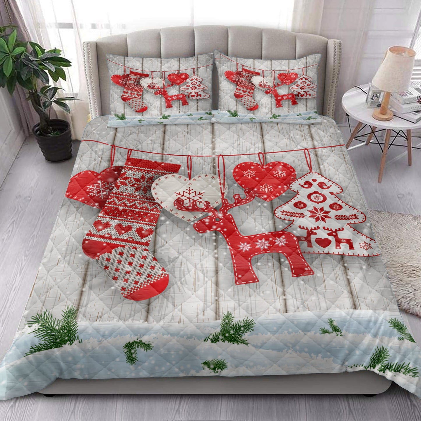 Deer Quilt Set, Christmas Scandinavian Hearts Deer Treesanta Stockingmas Quilt Blanket With Pillowcases, Quilt Bedding Set, Christmas Gift