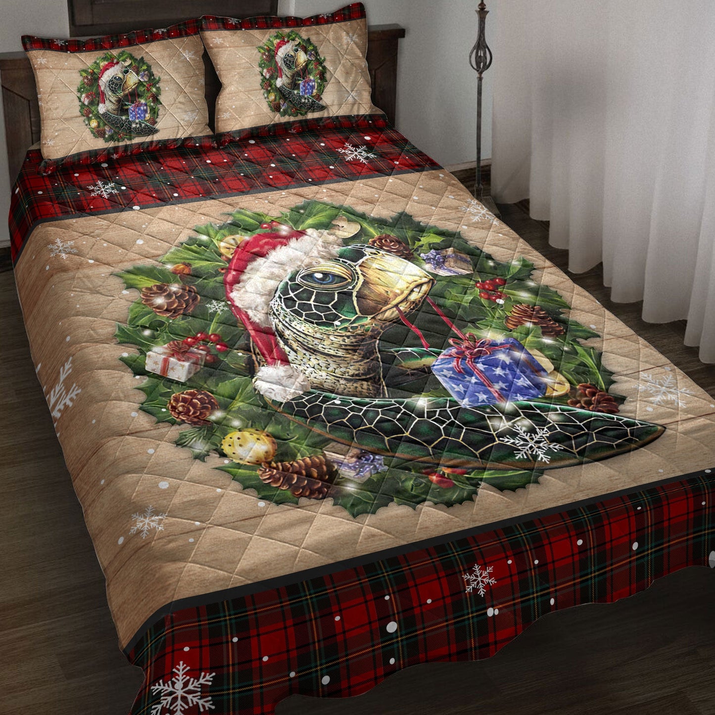 Turtle Quilt Set, Turtle Wearing Wreath Amas Hat Boxes Red Buffalo Plaid Quilt Blanket With Pillowcases, Quilt Bedding Set, Christmas Gift