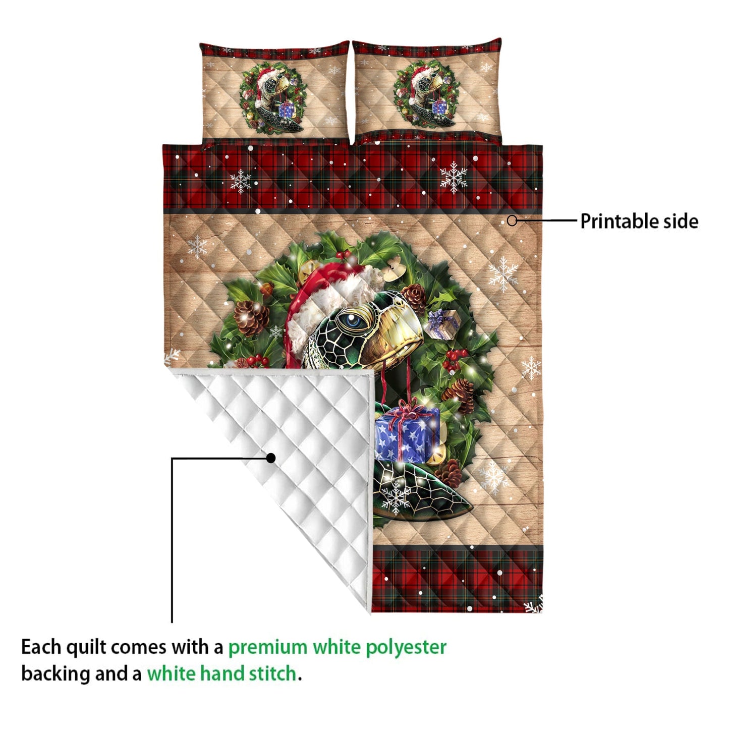 Turtle Quilt Set, Turtle Wearing Wreath Amas Hat Boxes Red Buffalo Plaid Quilt Blanket With Pillowcases, Quilt Bedding Set, Christmas Gift
