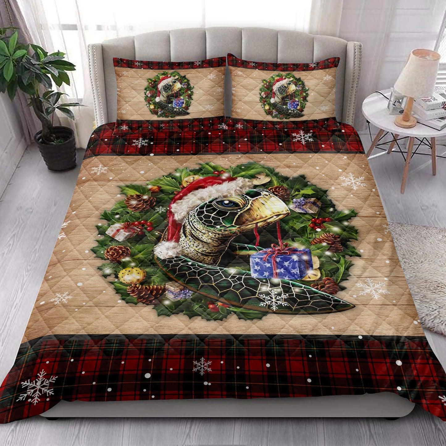 Turtle Quilt Set, Turtle Wearing Wreath Amas Hat Boxes Red Buffalo Plaid Quilt Blanket With Pillowcases, Quilt Bedding Set, Christmas Gift