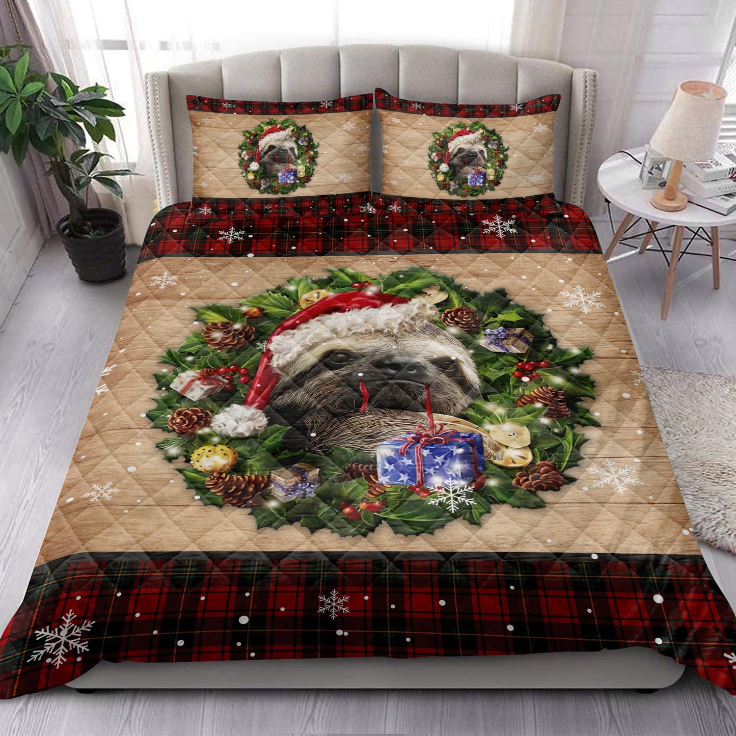 Sloth Quilt Set, Sloth Wearing Wreath Amas Hat Boxes Red Buffalo Plaid Quilt Blanket With Pillowcases, Quilt Bedding Set, Christmas Gift