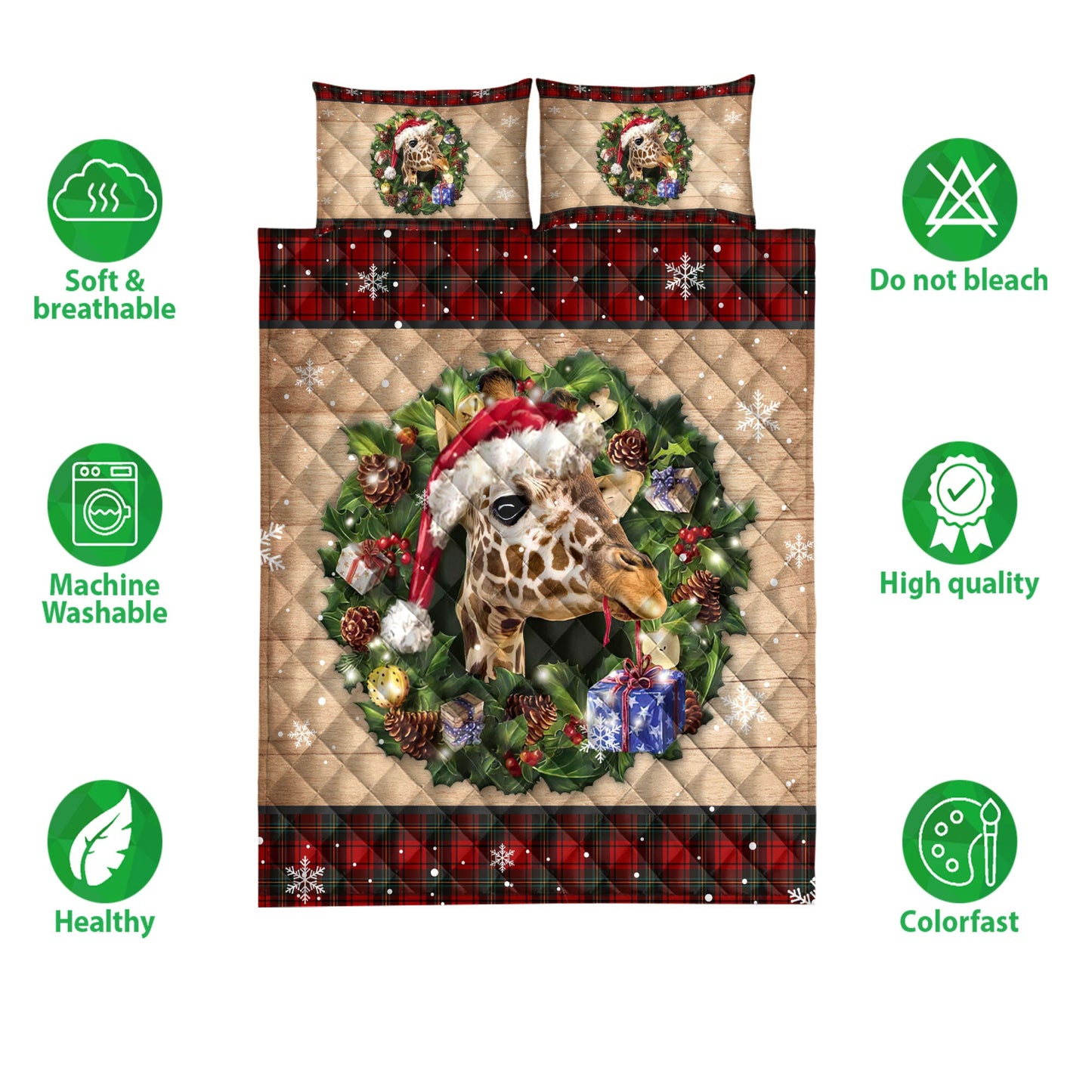 Giraffe Quilt Set, Giraffe Wearing Wreath Amas Hat Boxes Red Buffalo Plaid Quilt Blanket With Pillowcases, Quilt Bedding Set, Christmas Gift