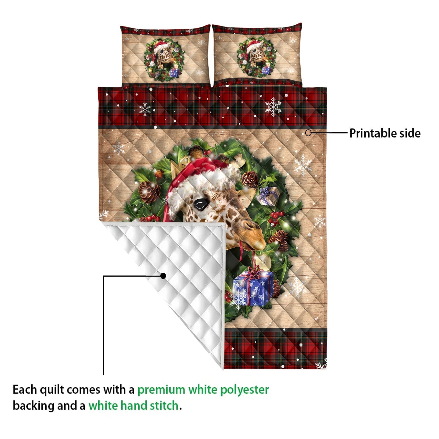 Giraffe Quilt Set, Giraffe Wearing Wreath Amas Hat Boxes Red Buffalo Plaid Quilt Blanket With Pillowcases, Quilt Bedding Set, Christmas Gift