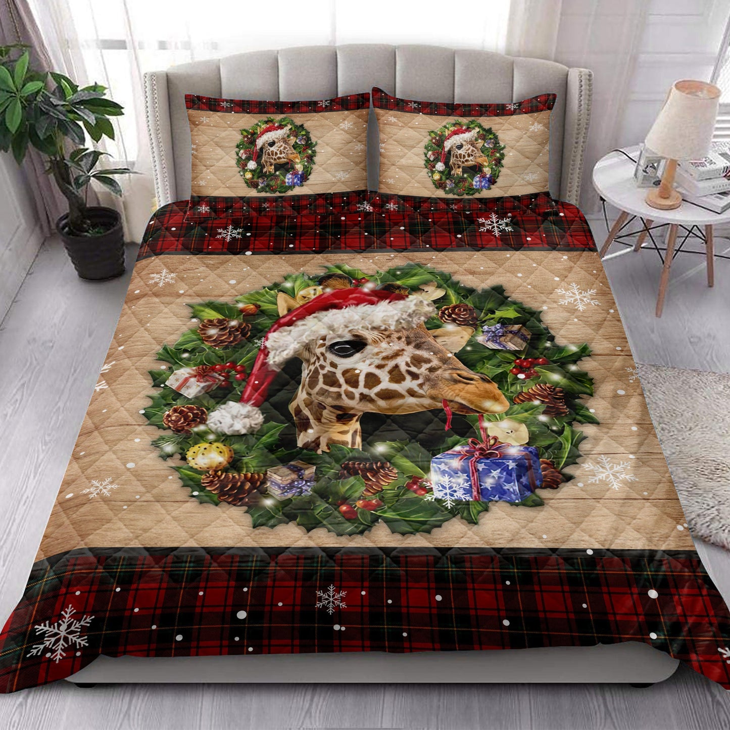 Giraffe Quilt Set, Giraffe Wearing Wreath Amas Hat Boxes Red Buffalo Plaid Quilt Blanket With Pillowcases, Quilt Bedding Set, Christmas Gift