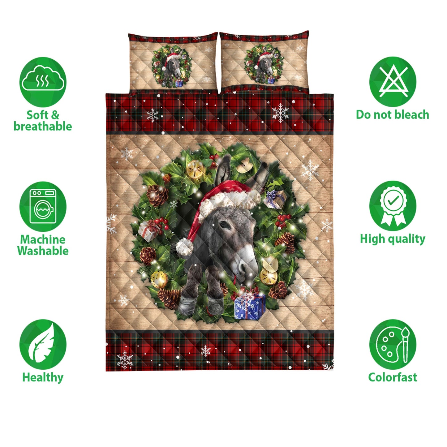 Donkey Quilt Set, Donkey Wearing Wreath Amas Hat Boxes Red Buffalo Plaid Quilt Blanket With Pillowcases, Quilt Bedding Set, Christmas Gift