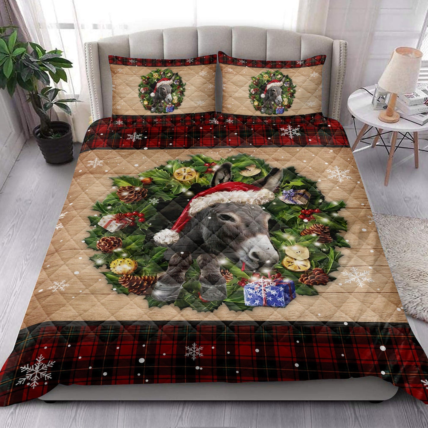 Donkey Quilt Set, Donkey Wearing Wreath Amas Hat Boxes Red Buffalo Plaid Quilt Blanket With Pillowcases, Quilt Bedding Set, Christmas Gift