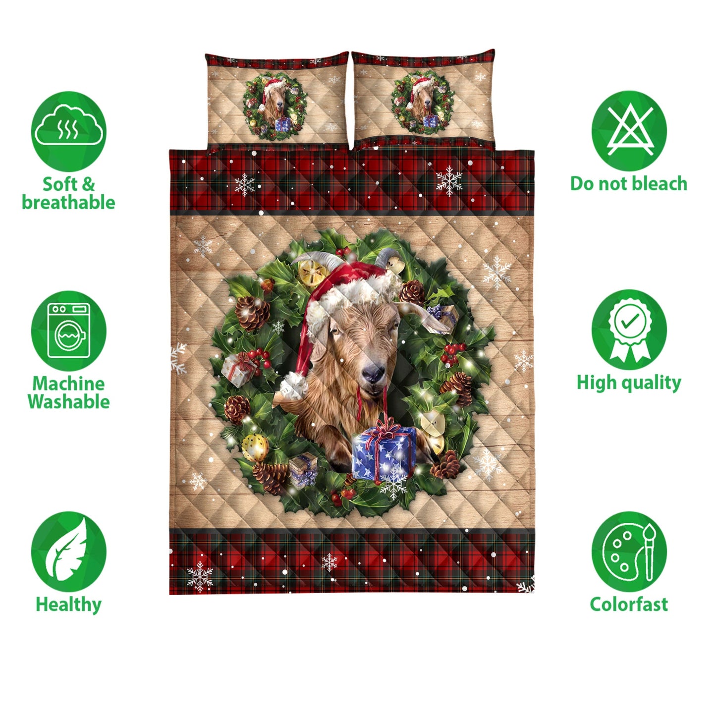 Goat Quilt Set, Goat Wearing Wreath Amas Hat Red Buffalo Plaid Holiday Quilt Blanket With Pillowcases, Quilt Bedding Set, Christmas Gift