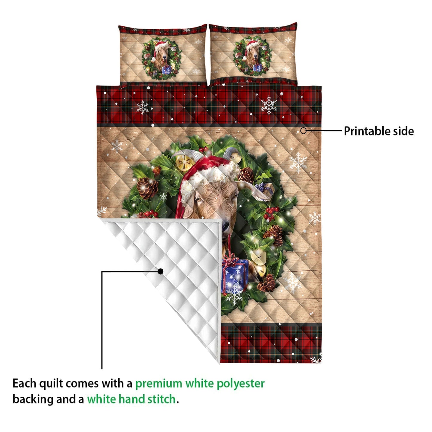 Goat Quilt Set, Goat Wearing Wreath Amas Hat Red Buffalo Plaid Holiday Quilt Blanket With Pillowcases, Quilt Bedding Set, Christmas Gift