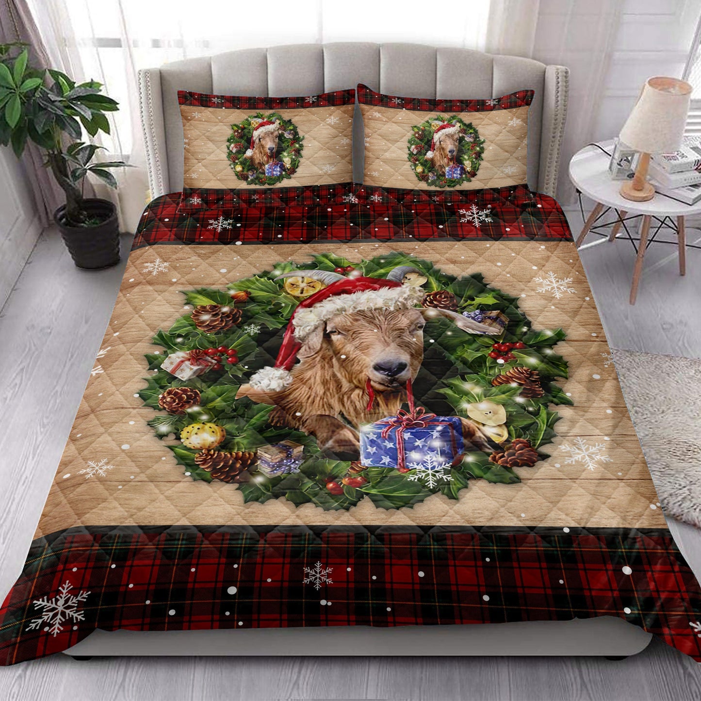 Goat Quilt Set, Goat Wearing Wreath Amas Hat Red Buffalo Plaid Holiday Quilt Blanket With Pillowcases, Quilt Bedding Set, Christmas Gift