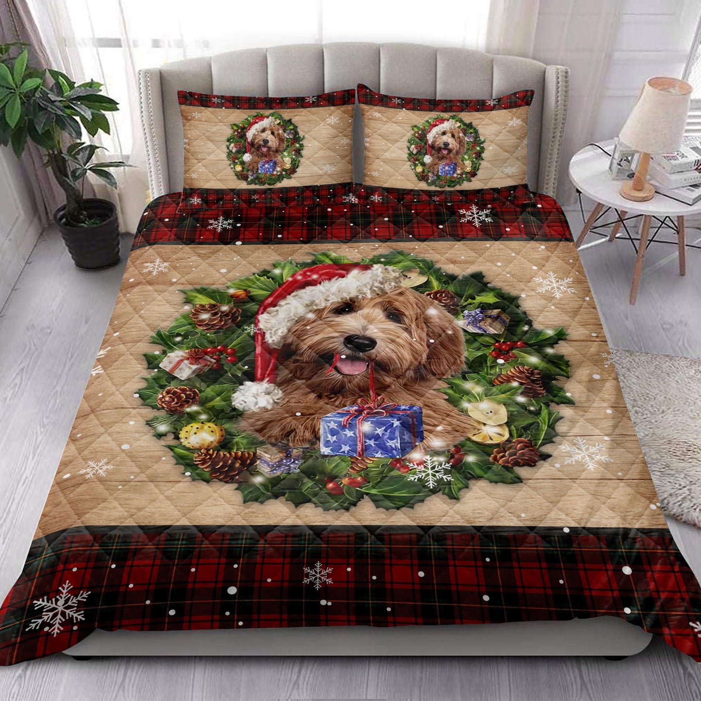 Labradoodle Quilt Set, Labradoodle Dog Wearing Wreath Amas Hat Red Buffalo Plaid Quilt Blanket With Pillowcases, Quilt Bedding Set, Christmas Gift