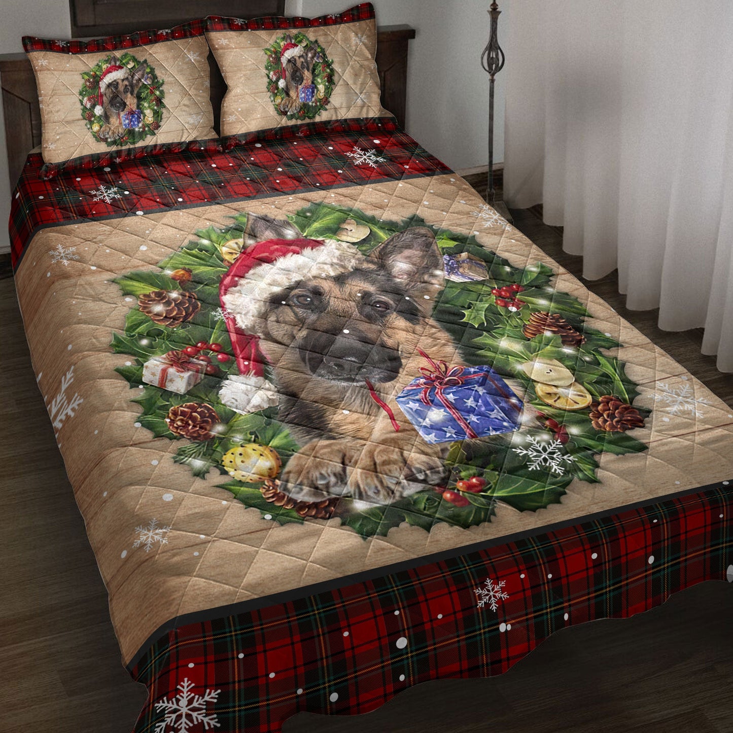 German Shepherd Quilt Set, German Shepherd Wearing Wreath Amas Hat Buffalo Plaid Quilt Blanket With Pillowcases, Quilt Bedding Set, Christmas Gift