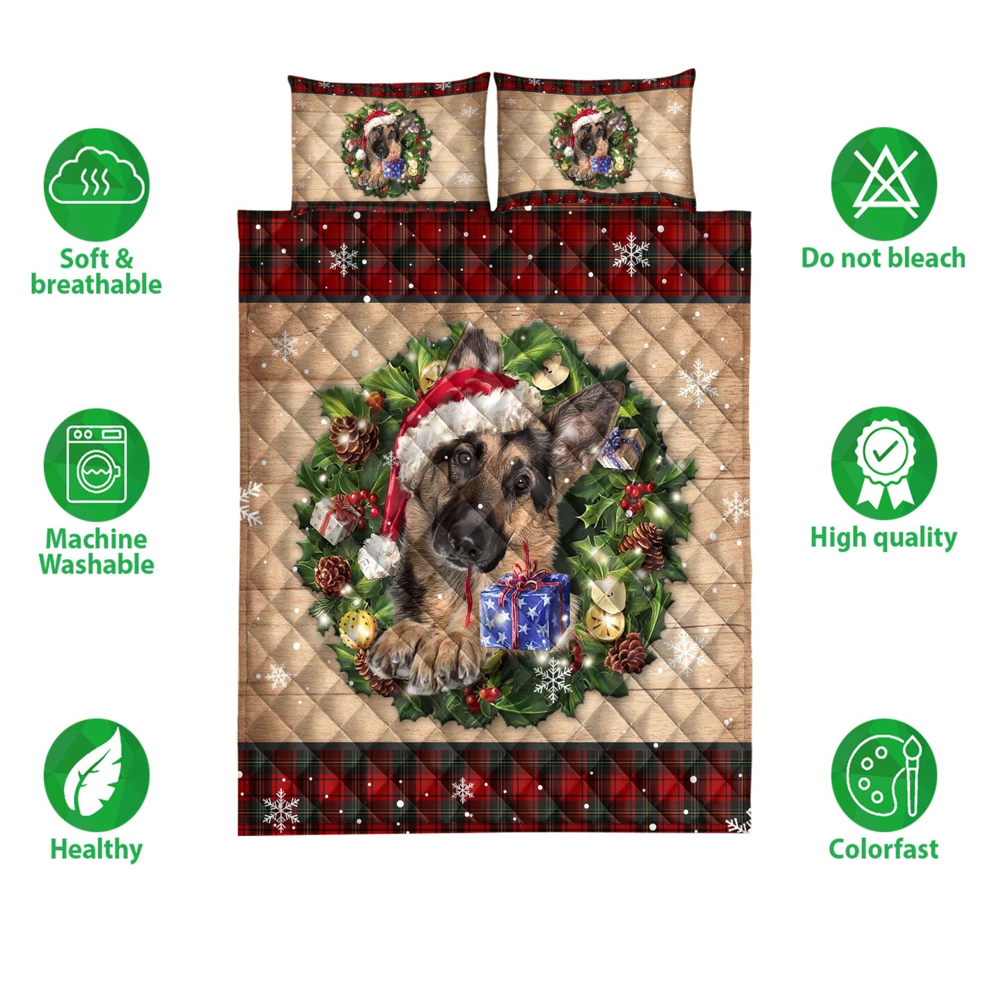 German Shepherd Quilt Set, German Shepherd Wearing Wreath Amas Hat Buffalo Plaid Quilt Blanket With Pillowcases, Quilt Bedding Set, Christmas Gift