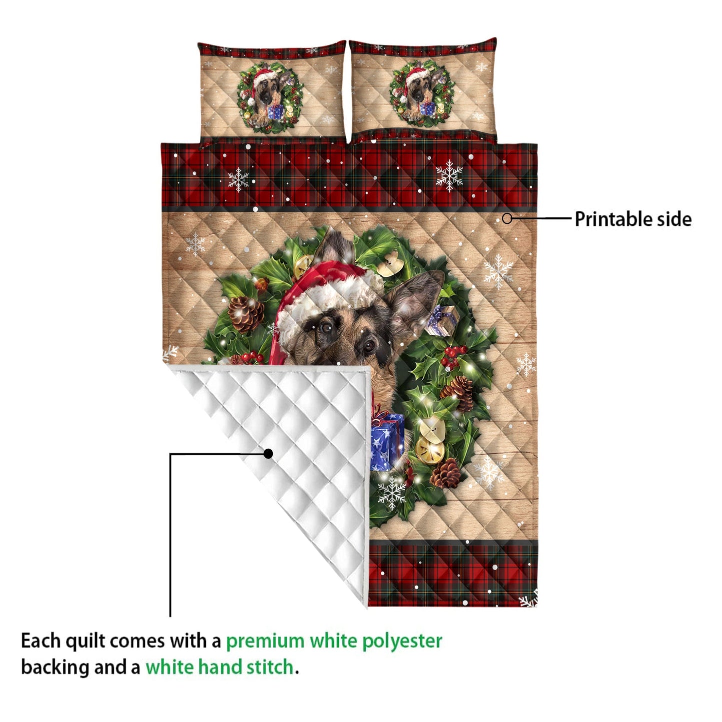 German Shepherd Quilt Set, German Shepherd Wearing Wreath Amas Hat Buffalo Plaid Quilt Blanket With Pillowcases, Quilt Bedding Set, Christmas Gift