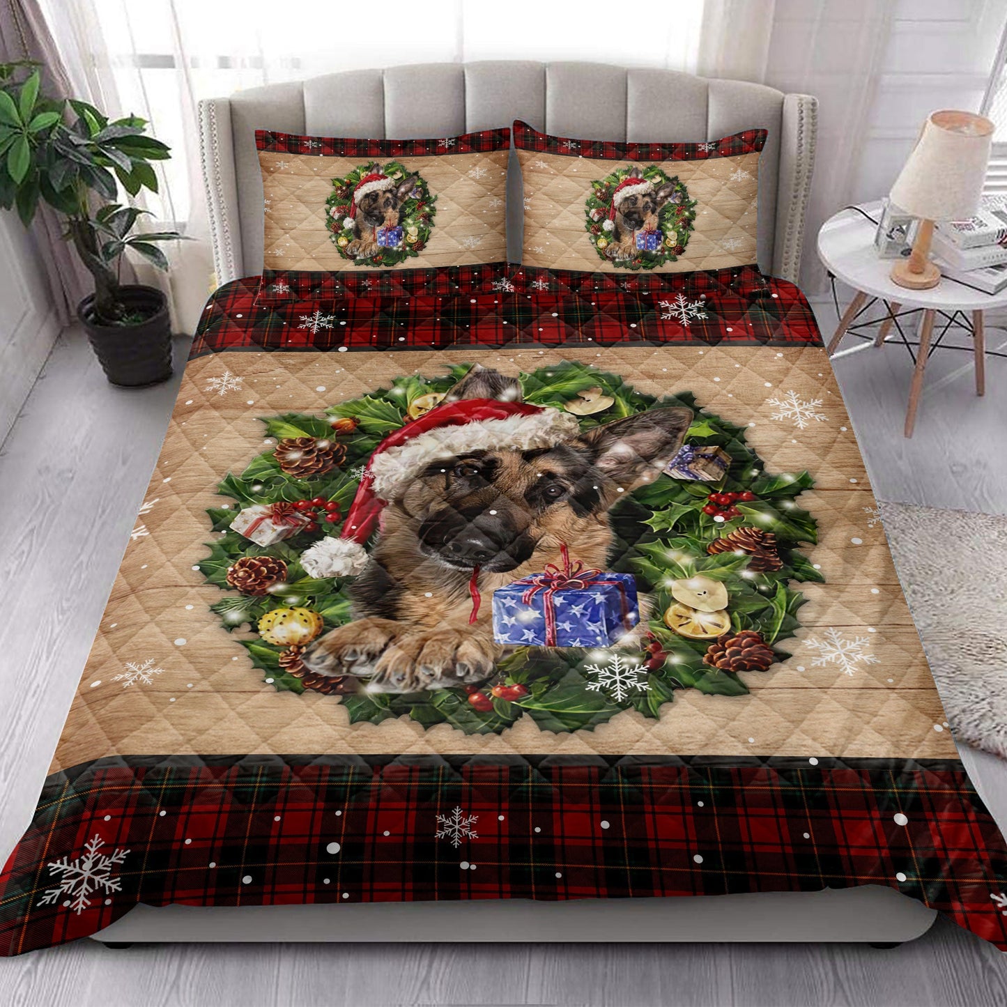 German Shepherd Quilt Set, German Shepherd Wearing Wreath Amas Hat Buffalo Plaid Quilt Blanket With Pillowcases, Quilt Bedding Set, Christmas Gift
