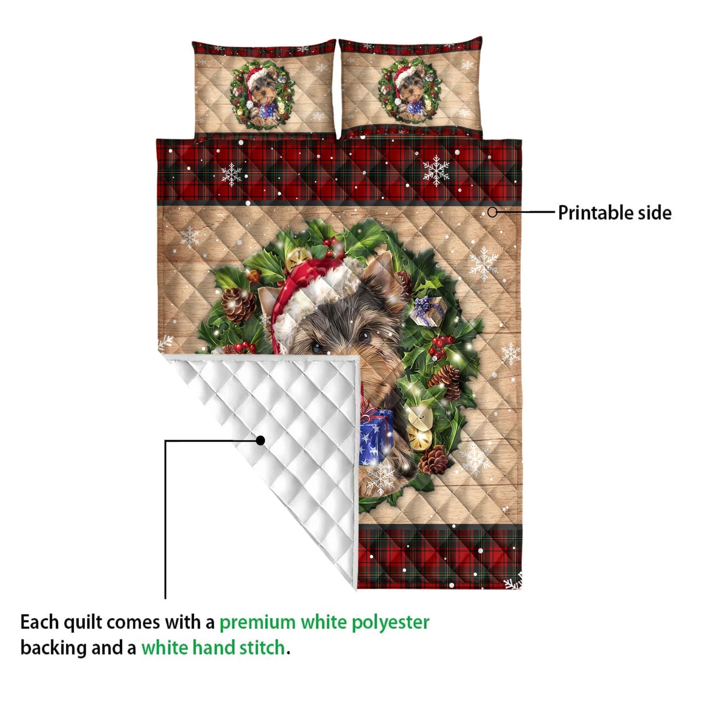 Yorkshire Quilt Set, Yorkshire Terrier Wearing Wreath Amas Hat Buffalo Plaid Quilt Blanket With Pillowcases, Quilt Bedding Set, Christmas Gift