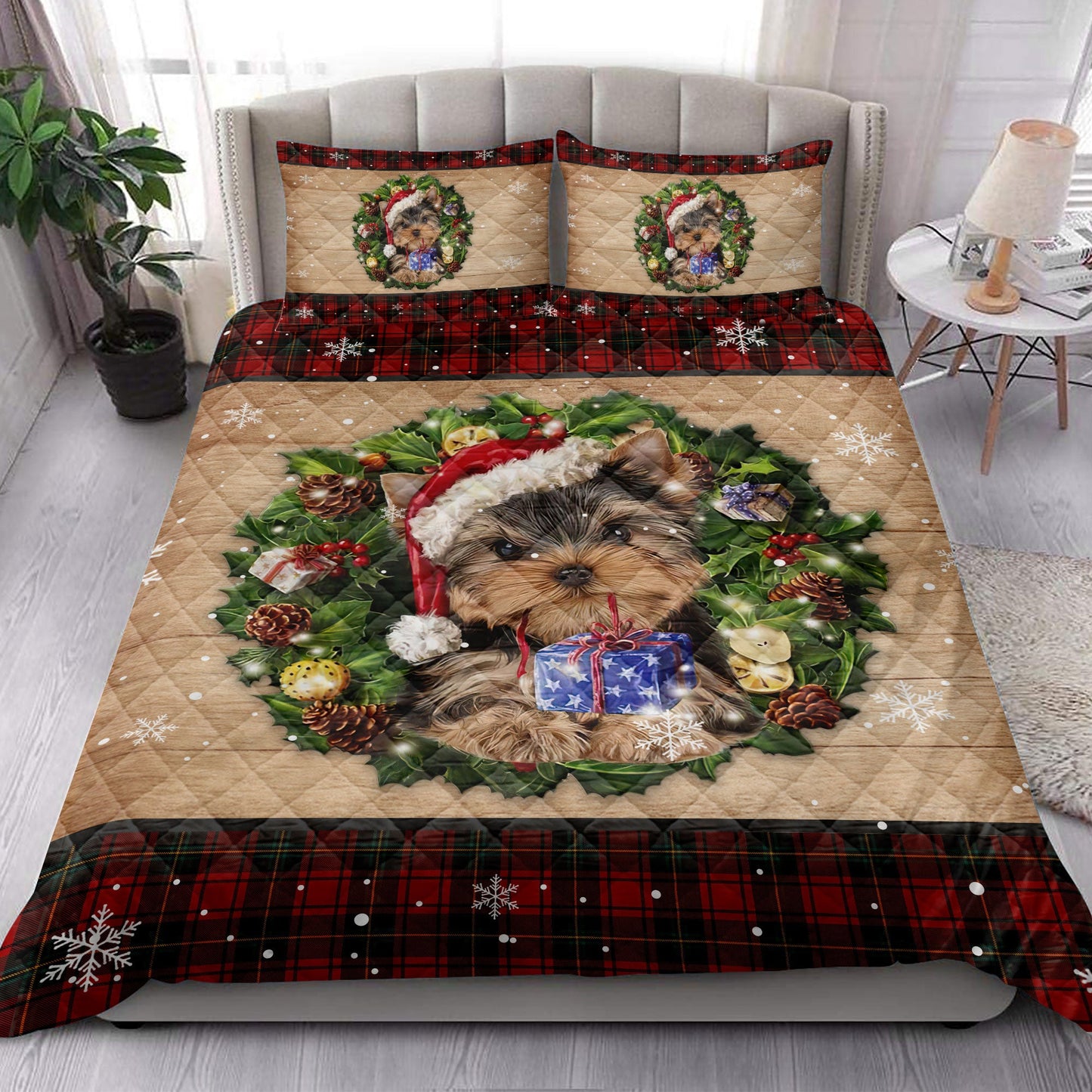 Yorkshire Quilt Set, Yorkshire Terrier Wearing Wreath Amas Hat Buffalo Plaid Quilt Blanket With Pillowcases, Quilt Bedding Set, Christmas Gift