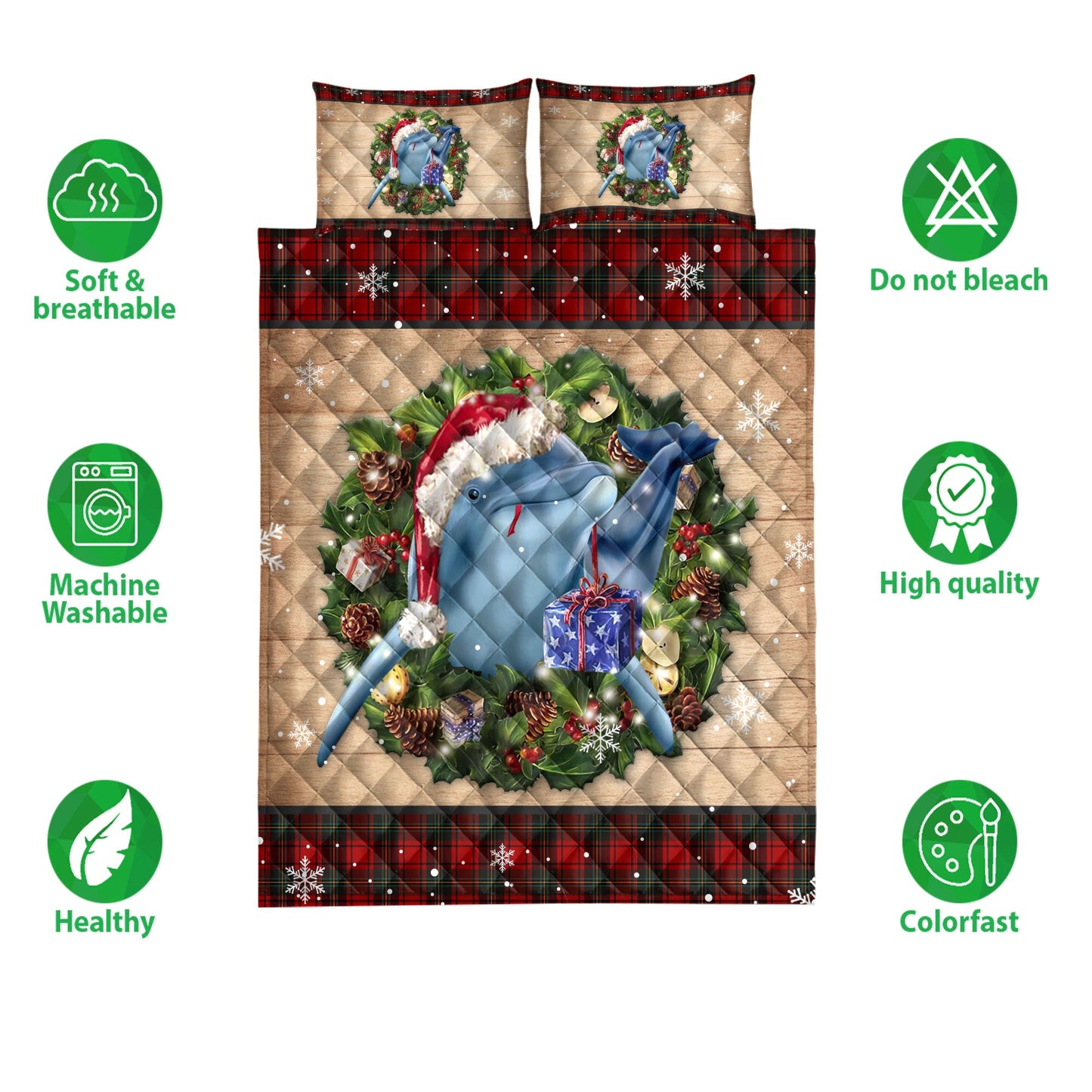 Dolphin Quilt Set, Dolphin Wearing Wreath Amas Hat Buffalo Plaid Holiday Quilt Blanket With Pillowcases, Quilt Bedding Set, Christmas Gift